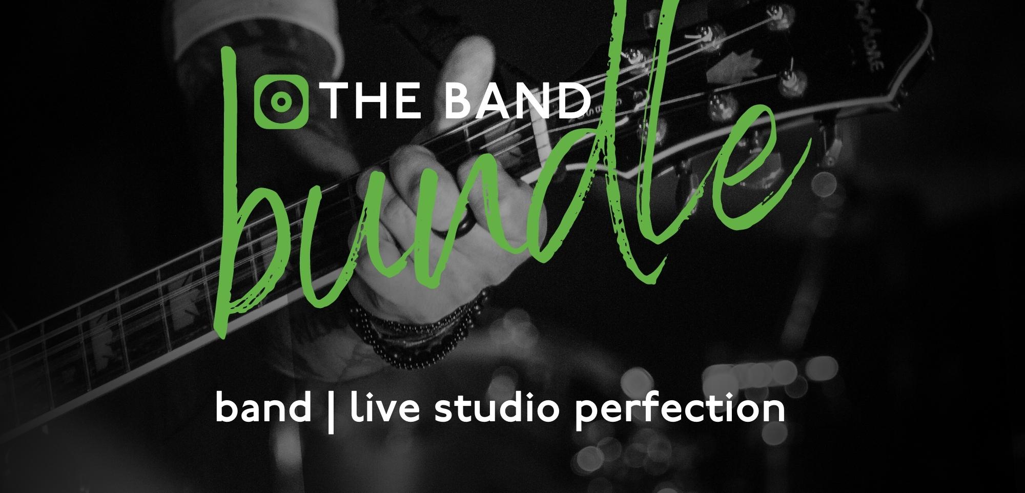 The Band Bundle BUTTON green handwritten word bundle over a black and white close up of guitar and band