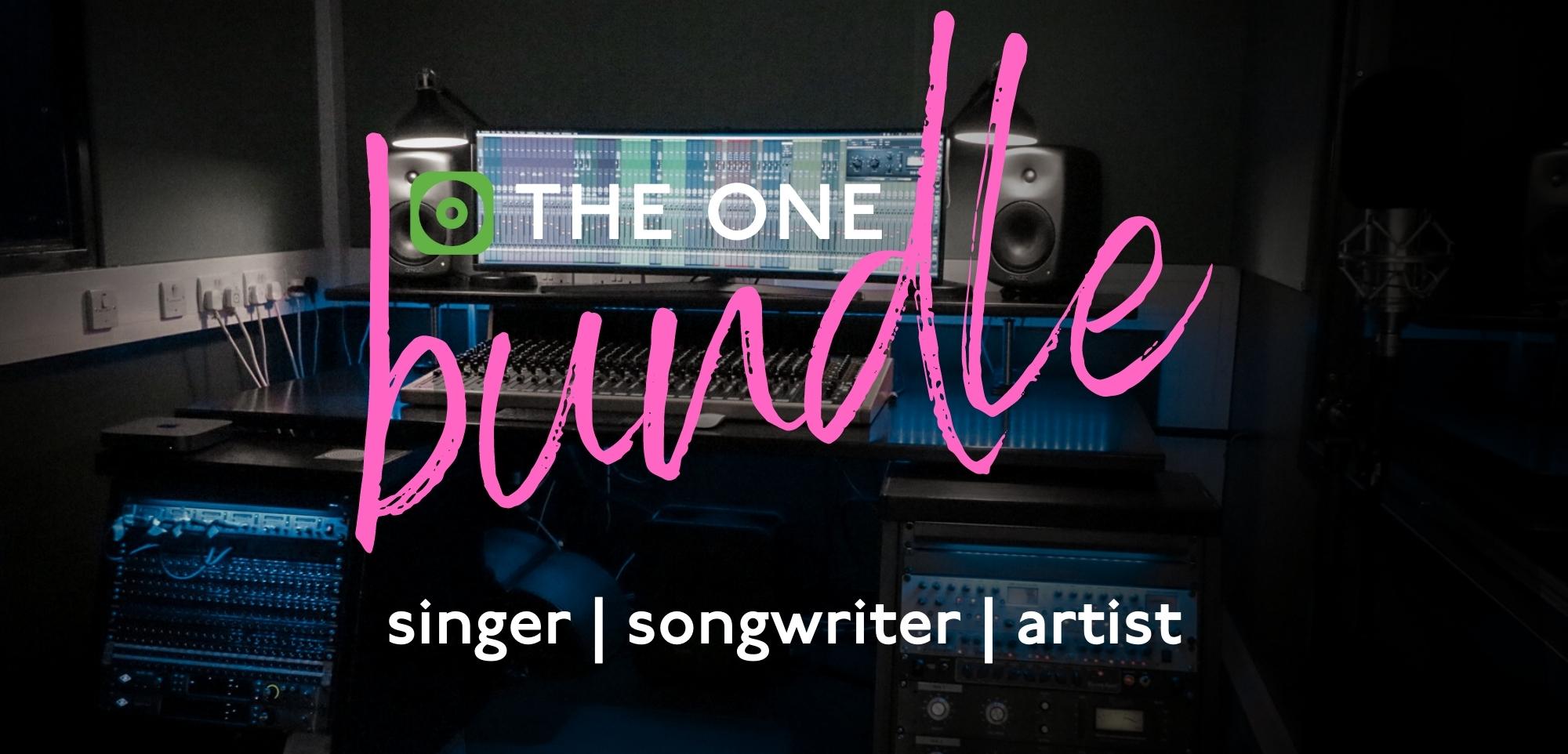 The One Bundle BUTTON Pink large handwritten letters over a dark studio - reading bundle for singers and songwriters